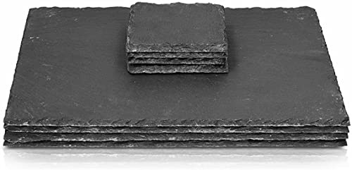 Acense Natural Slate Placemats & Coasters Mats Dinner Drink Set [8 Pieces], Drinks Coasters, Material: Natural Dark Slate Stone, Multi-Purpose, Scratch-Protector, Stain-Protector, Stylish, Unique