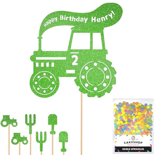 Personalised Farm Tractor Glitter Cake Topper- Green Any Custom Age & Name Glitter Cake Decoration and Sprinkles - Happy Birthday Decorations - Personalised Toppers for Cakes by Cakeshop
