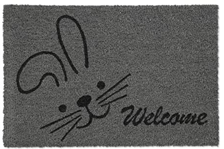 Relaxdays Fußmatte Kokos, Welcome, Hasen-Motiv, Türvorleger innen & außen, Türabtreter 40x60 cm, Türmatte, grau/schwarz