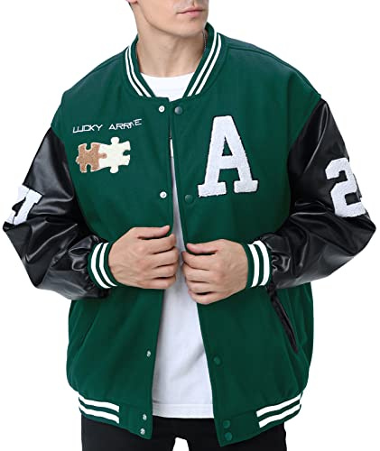 Moshtashio Herren College Jacke Baseballjacke Unisex Mode Sportjacke Sweatjacke Urban Stehkragen Streetwear (1 Grün,L)