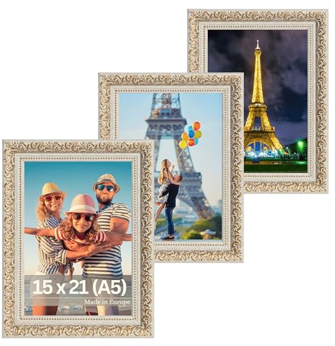 Victor set de 3 cadres photo Rubens or beige en 15x21 cm (A5) – bar : 30 x 20 mm – style baroque antique – verre véritable – décoration pour la maison
