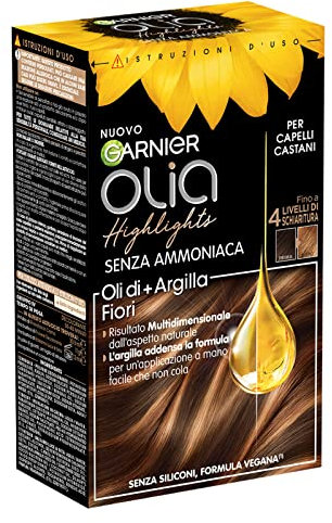 Garnier Olia Highlights, bis zu 4 Ebenen Aufhellung für braunes Haar, Formel mit Blütenölen + Ton, vegane Formel, ohne Ammoniak
