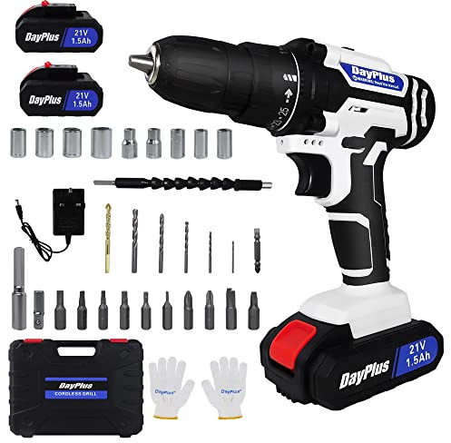21V 2-Speed Electric Screwdriver Drill Kit with 25+1 Torque, 3/8 Keyless Chuck, 2x1.5 Ah Li-Ion Batteries, Charger & 26PC Drill Bits