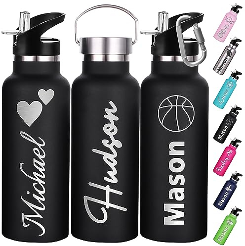 Personalisierte Trinkflasche Kinder mit Namen Gravur 350ml 750ml Personalisiert Flasche mit Strohhalm Deckel Edelstahl Thermosflasche Geschenk für Die Schule Sport Büro Im Freien