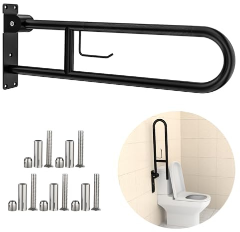Toilet Grab Bar 30.3 Inch, YuanDe Flip Up Grab Bar with Paper Holder,Matte Black Anti-Slip Safety Bars for Toilet, Stainless Steel Knurled Toilet Handles for Seniors Disabled Elderly Pregnant