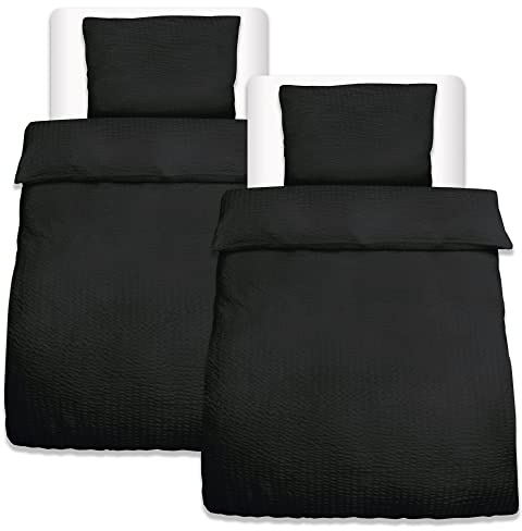 Beautissu 4tlg Seersucker Bettwäsche Sommer bügelfrei hautfreundlich | 155x220cm Schwarz Kopfkissen Bezug 80x80cm Bettwäsche-Sets Bettbezug Sommerbettwäsche Bettwaren Set 155x220 Meline