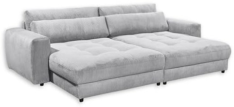 Stella Trading Big Sofa BARURA Cord hellgrau – XXL Couch mit großer Liegefläche, modernes Sofa 292x194 cm inklusive Nierenkissen