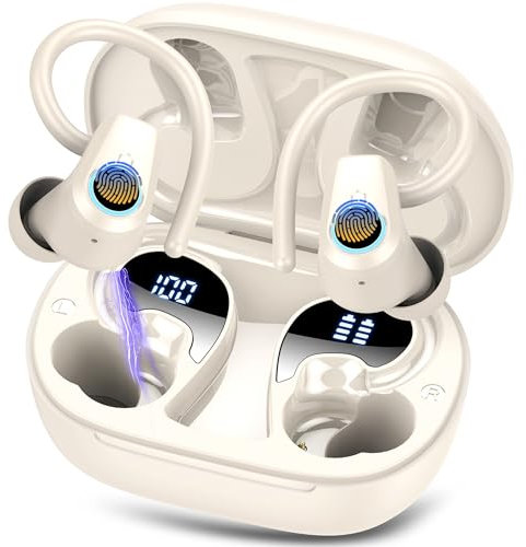 Wireless Earbuds, Bluetooth 5.3 Headphones with 4 ENC Noise Canceling Mic, 50H Stereo Dual LED Display Ear Buds, Sport Wireless Earphones with Earhooks, IP7 Waterproof Wireless Headphones, White