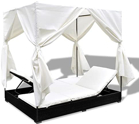 Gecheer Outdoor-Loungebett mit Vorhang Sonnenliege Gartenliege Polyrattan Doppelliege Rattanliege Liegestuhl 197 x 140 x 180 cm (L x B x H) in 7 verschiedenen Positionen eingestellt Werden PE-Rattan