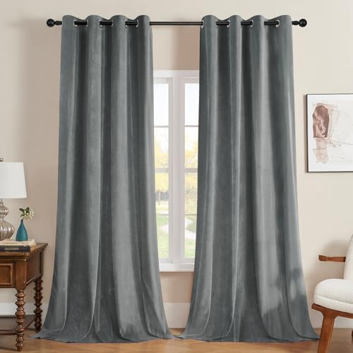 Joydeco Vorhänge Samt Thermovorhang Kälteschutz Samtvorhänge 2er Pack H 245 x B 132 Grau Wohnzimmer Elegant Verdunklungsvorhänge Blickdicht Schlafzimmer