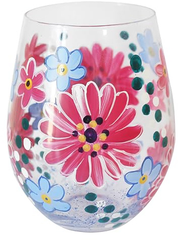 Lesser & Pavey Pink Gerbera Stemless Glass | Lovely Gift for Women & Men | Designed by Lynsey Johnstone | Luxury Wine Glass for Every Occasions