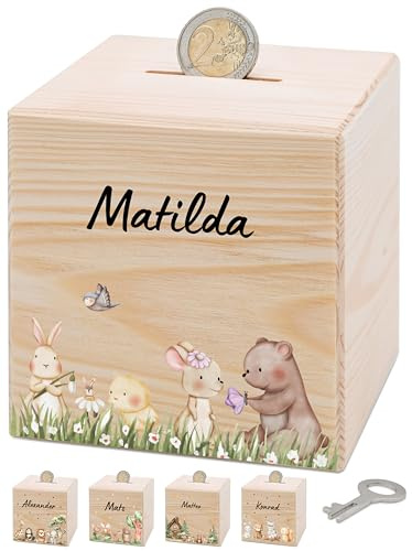 Bärenfreunde® - Personalisierte Spardose Kinder aus Holz mit Metallschloss - Spardose mit Namen mit kinderfreundlichem UV-Druck zum Sparen für Kinderträume (Tiere Blumenwiese)