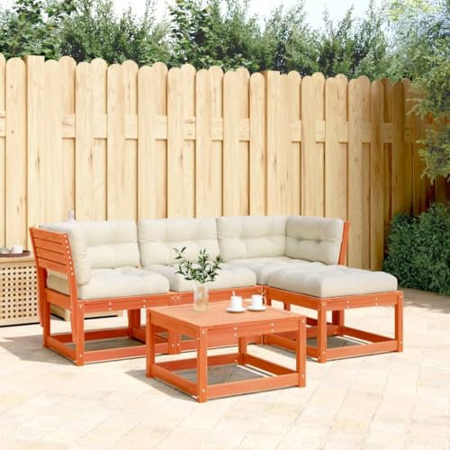 Homgoday Gartenmöbel-Set, 4-teilig, mit braunen Kissen, Wachs, Massivholz, Kiefer, für den Außenbereich, Gartenmöbel-Set