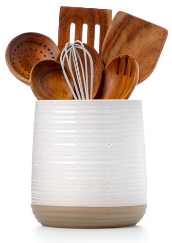 Officepal 6.8 Large Ceramic Kitchen Utensil Holder - Utensil Holder for Kitchen Counter, Modern Farmhouse Style Holder for Spoons, Spatulas & Cooking Tools (White)