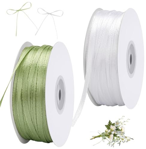Jinsion - 91 m Schleifenband Salbeigrün und Geschenkband Weiß, 2 Rollen Satinband 3 mm für Geschenkverpackung, Hochzeit, Deko