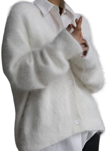 MAOAEAD Lussuoso cardigan in cashmere, da donna, tinta unita, soffice, lavorato a maglia, con scollo a V, aperto sul davanti, elegante giacca morbida (bianco, M)