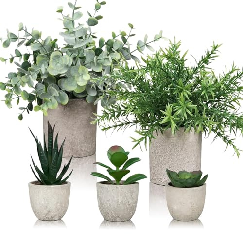 Cnwinu 5 Stück Kunstpflanze,Künstliche Pflanzen im Topf Kunstpflanzen Wie Echt für Innen,Fake Plant Sukkulenten Topf,Plastik Pflanze für Tischdeko Küche Haus Balkon Büro Schreibtisch Innen Deko