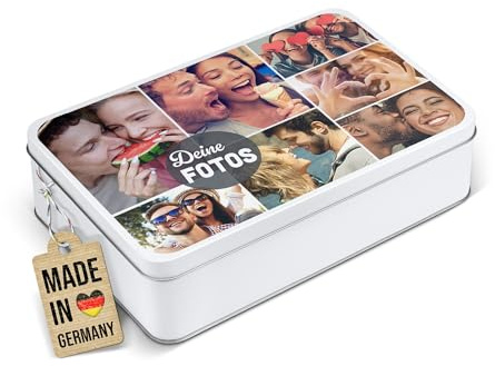 PR Print Royal Geschenkdose zum selbst gestalten mit Foto-Collage für 7 Fotos - Blechdose bedrucken, Personalisierte Keksdose - Geschenk zur Hochzeit, Geburtstag, Weihnachten | Rechteckig weiß, 450 ml
