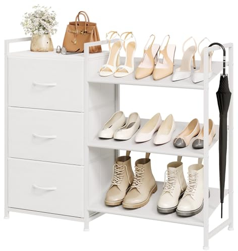 Somdot 3 Stufiges Schuhregal mit Metallrahmen, Schuhschrank 3 Ablagen für 6-9 Paar Schuhe, Kommode Weiß mit 3 Stoffschubladen, Schmaler Schrank für Eingang Flur