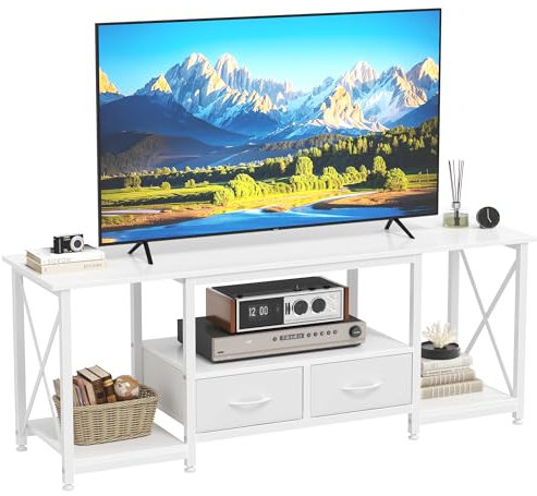 OYRREU TV Schrank mit Stoffschubladen, TV Lowboard für 65 60 Zoll Fernseher - TV Sideboard Fernsehschrank 140 cm Breite Weiss, TV Cabinet für Wohnzimmer, Schlafzimmer, Living Room, TV Fernseher Tisch