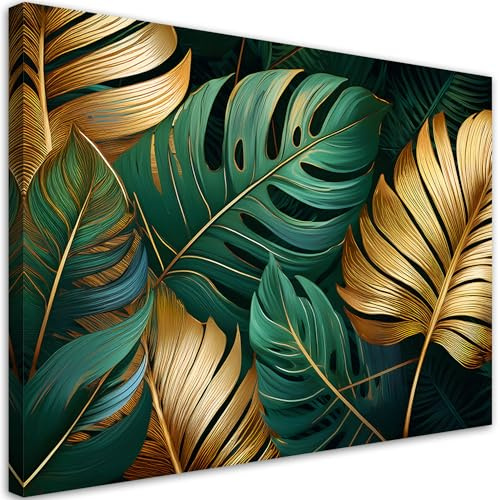 Feeby Lienzos decorativos - cuadros decoracion salon modernos - cuadro lienzo - 60x40 cm - lienzo grande - Hojas de Monstera doradas- cuadros decoracion salon