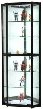 WWERTYY Gewölbter Vitrinenschrank in Antikweiß und Schwarz, Eckvitrine aus Glas mit Beleuchtung, Dekor, transparenter Trophäenschrank mit Figuren, verstellbare Regale, 6 Ebenen (Schwarz, 1