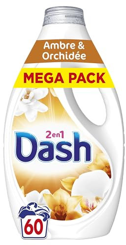 Dash 2en1 Lessive Liquide Ambre & Orchidée, 60 Lavages, 3 Semaines de Fraîcheur, Avec Lenor, Notes de Vanille et d'Ambre, Nettoyage en Profondeur, Marque Française Traditionnelle, Fabriquée à Amiens