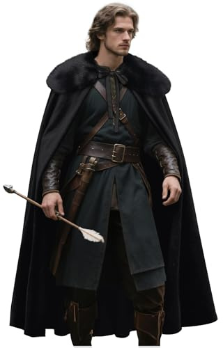 keland Renaissance - Capa de terciopelo con hombro de piel vikinga, para hombre, Halloween, cosplay (negro)