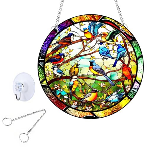 DINGFENG Sonnenfänger, Blumen, Vögel, Acryl, Buntglas, Sonnenfänger, hängende Dekoration für Fenster, Schlafzimmer, Wohnzimmer, Fensterdekoration, Wandkunst, Einweihungsgeschenk, Gedenkgeschenk