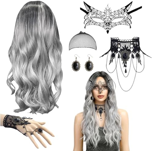 Parrucca Donna Halloween, 6Pcs Set Di Parrucche Lunghe Grigie, Parrucca Lunga 70cm Grigia Ondulata, con Collana Gotica, Maschera, Orecchini per Halloween Carnevale Cosplay