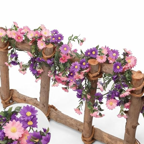 Spring Flowers Garland，Artificial Pink & Purple Colour Daisy, Artificial Flower Vines for Indoor Outdoor Garden Wedding Arch Wall Mantle，for Garden Balcony, Living Room Decoration(4M)