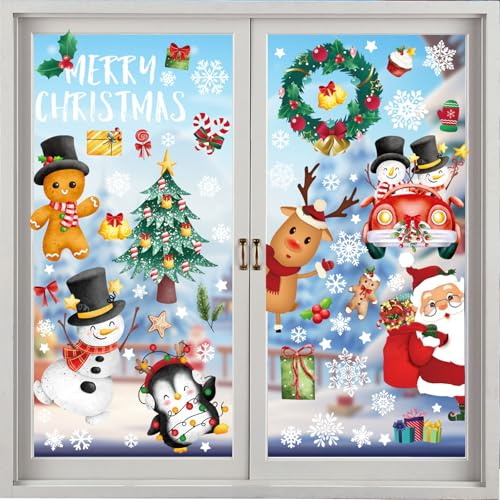 143 Stk Fenstersticker Weihnachten, Fensterbilder Weihnachten Selbstklebend, Wiederverwendbar Statisch PVC Schneeflocken Fensterdeko, Weihnachtsfenster Aufkleber, für Winter Fenster Weihnachtsdeko
