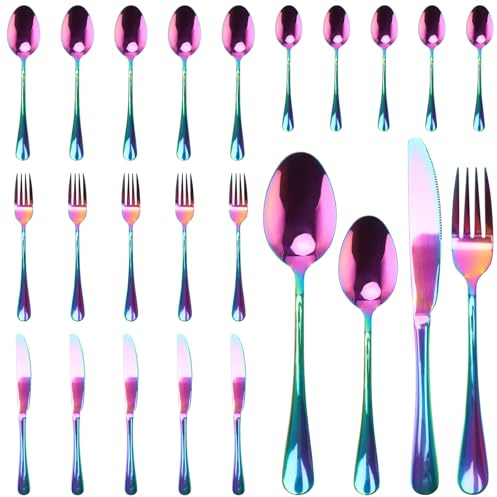 SYUTBOU 24-delat rostfritt stål bestickset, bestickset 6 personer, bestick färgglada för hem, fest och restaurang