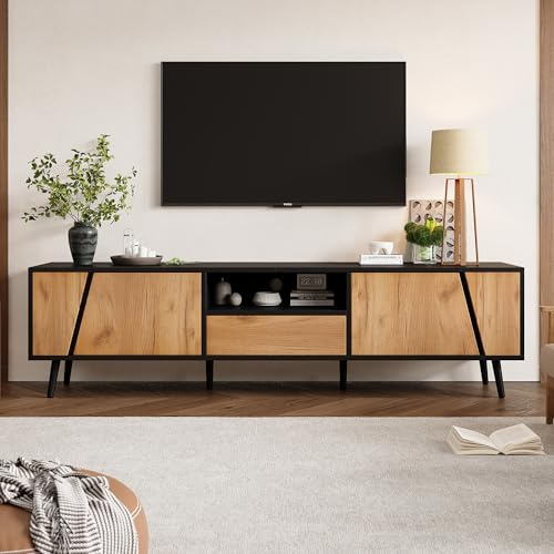 Merax Meuble TV Moderne avec 2 Armoires et Tiroirs – 180x40x46 cm – Support TV avec 6 Pieds en Bois Massif – Rangement Pratique, Design Minimaliste, Adapté aux Téléviseurs jusqu'à 75 Pouces