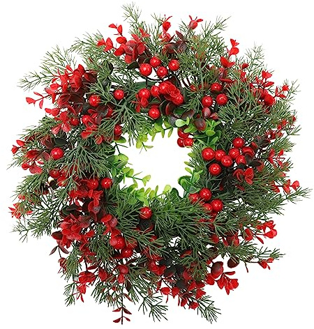 Mikikit Weihnachtskranz Türdeko aus Kunststoff Leichter Langlebiger Kranz mit Roten Beeren und Tannennadeln Unbeleuchtet als Tür und Wandschmuck für Weihnachtsfeiern und Festliche