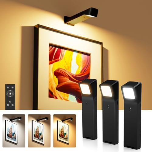 PopoIron 3 Pack Picture Lights for Wall with RGB Colors, Battery Powered Art Painting Lights with Remote, Cordless Picture Light for Posters, Rechargeable Wall Sconces