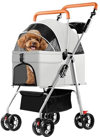 Simcat Haustierwagen für kleine Hunde und Katzen, faltbarer Katzen- und Hundewagen für mittelgroße Hunde mit 360° verschleißfesten Gummirädern Hunde-Reisetasche (Grau)