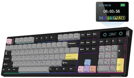 EPOMAKER TH108 PRO Tastiera Meccanica full size con Schermo e Manopola, Tastiera Wireless da gioco con 10000mAh, Creamy Gasket, Hot Swap, Custom Driver, RGB Backlight (Nero, Sea Salt Silent Switch)