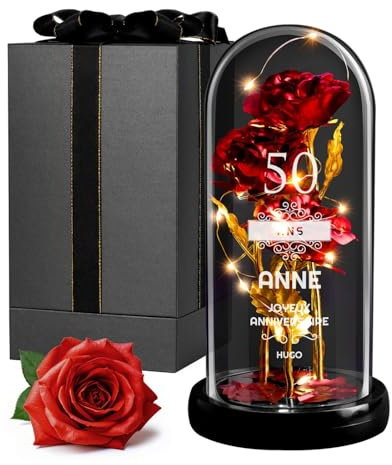 Maverton Rose Eternelle sous Cloche en Verre avec Personnalisation | Fleur Eternelle Cadeau Maman, Rose Rouge Artificielle 21x11 avec Lumière LED, Idee Cadeau Anniversaire Femme Original, 50 Ans