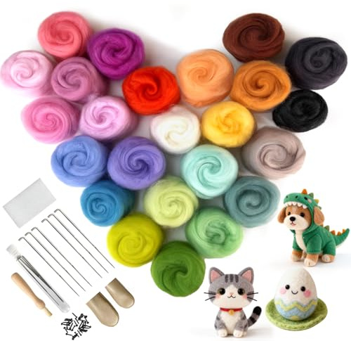 Oureeor 24 Farben je 5 Gramm, 54 Stück Filzwolle Nadelfilzen Starter Kit mit Filznadeln Filzwerkzeugen Zubehör, Filzen Starterset für Anfänger Filzwolle Nassfilzen Trockenfilzen DIY Handwerk
