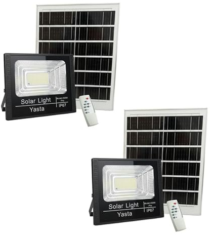 YASTA 2 Pezzi Faro Led Da Esterno Solare 200 Watt PRO Luce Fredda 6500K Luci Solari Da Giardino con Indicatore di Carica Faretto Led Con Pannello Solare Sensore Crepuscolare E Telecomando