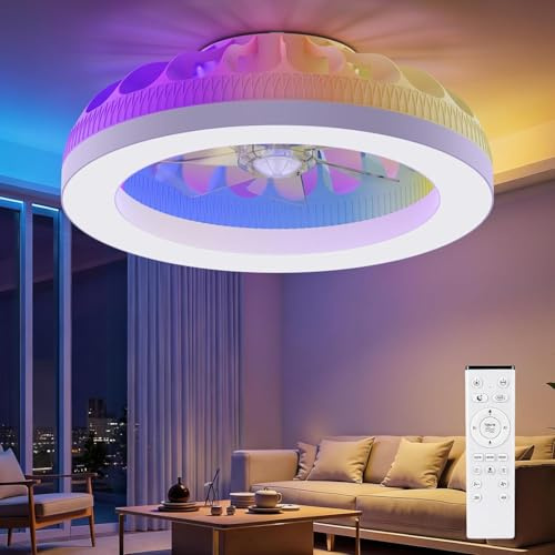Ateroll Ventilatore Da Soffitto Con Luce, 48 cm Lampada Ventilatore e Telecomando,Dimmerabile 3000K-4000K-6500K-RGB,6 Velocità, Memoria Timer Illuminazione,Modalità Estate e Inverno (Bianco)
