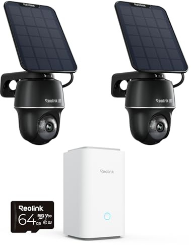 Reolink 4K Überwachungskamera Aussen Solar, 360°/140° Schwenk-/Neige, Auto-Tracking,4K-Live-Ansicht & -Wiedergabe, Erweiterbarer Lokaler Speicher,Home Hub+2×Argus PT Ultra Schwarz+Solarpanel