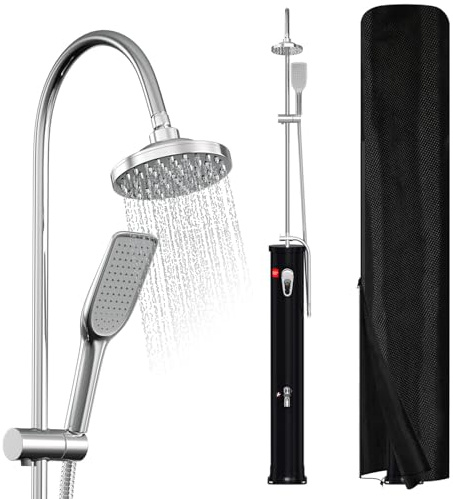 Aopunly Doccia solare 20 L con braccio rubinetto a mezza altezza – Doccia esterna salvaspazio con cappuccio di protezione UV, doccetta e vite di scarico – Nero