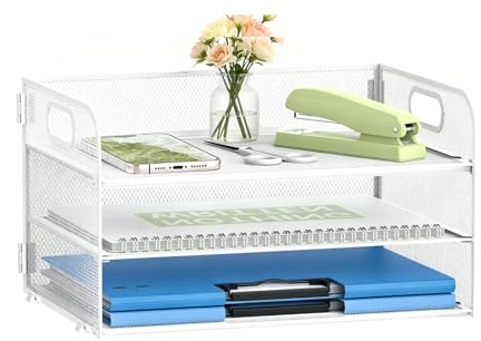 Ablagefächer Stapelbar A4 – 3 Fächer Dokumentenablage & Briefablage für Büro, Kompakt, Mesh Schreibtisch Organizer Fach für Datei,Home Office Supplies (Weiß)