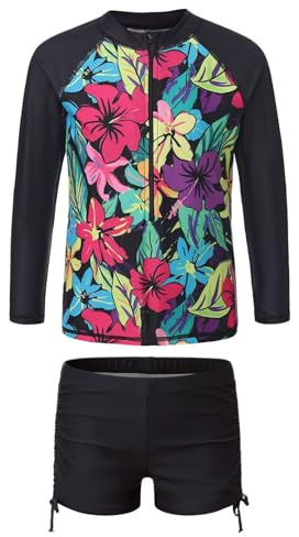 Girls Swimming Costume Two Piece Rash Guard Swimsuits Swim Set Kids Bathing Suit Long Sleeve Rash Vest with Shorts Summer Beach Surfing Swimwear 5-16 Years