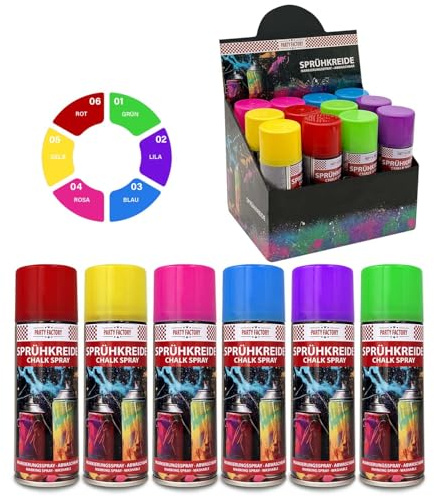 Party Factory Kreidespray 12er Set – Abwaschbare Sprühkreide für Kinder & Party – Wasserlösliche Kreidefarbe für Straßen & Rasen – Ungiftige Straßenkreide zum Sprühen – Buntes Markierungsspray 1200ml