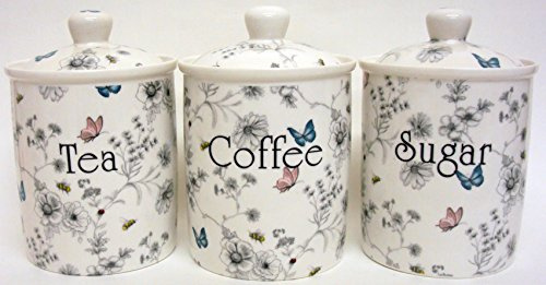 fromeuropewithlove Secret Garden Tea Coffee Sugar Canisters Set of 3 Fine Bone China Flowers Butterflies and Bees Storage Jars Hand Decorated in UK