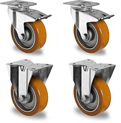 Rollensatz 2 Lenkrollen mit Feststeller + 2 Bockrollen 100 mm Polyurethan braun Alu