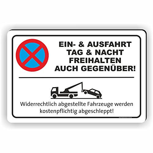 Fassbender-Druck SCHILDER - EIN- UND AUSFAHRT AUCH GEGENÜBER - Parken verboten Schild - Schild zum Markieren vom absoluten Parkverbot/Parkverbotsschild für einen Parkplatz (30x20cm Schild)